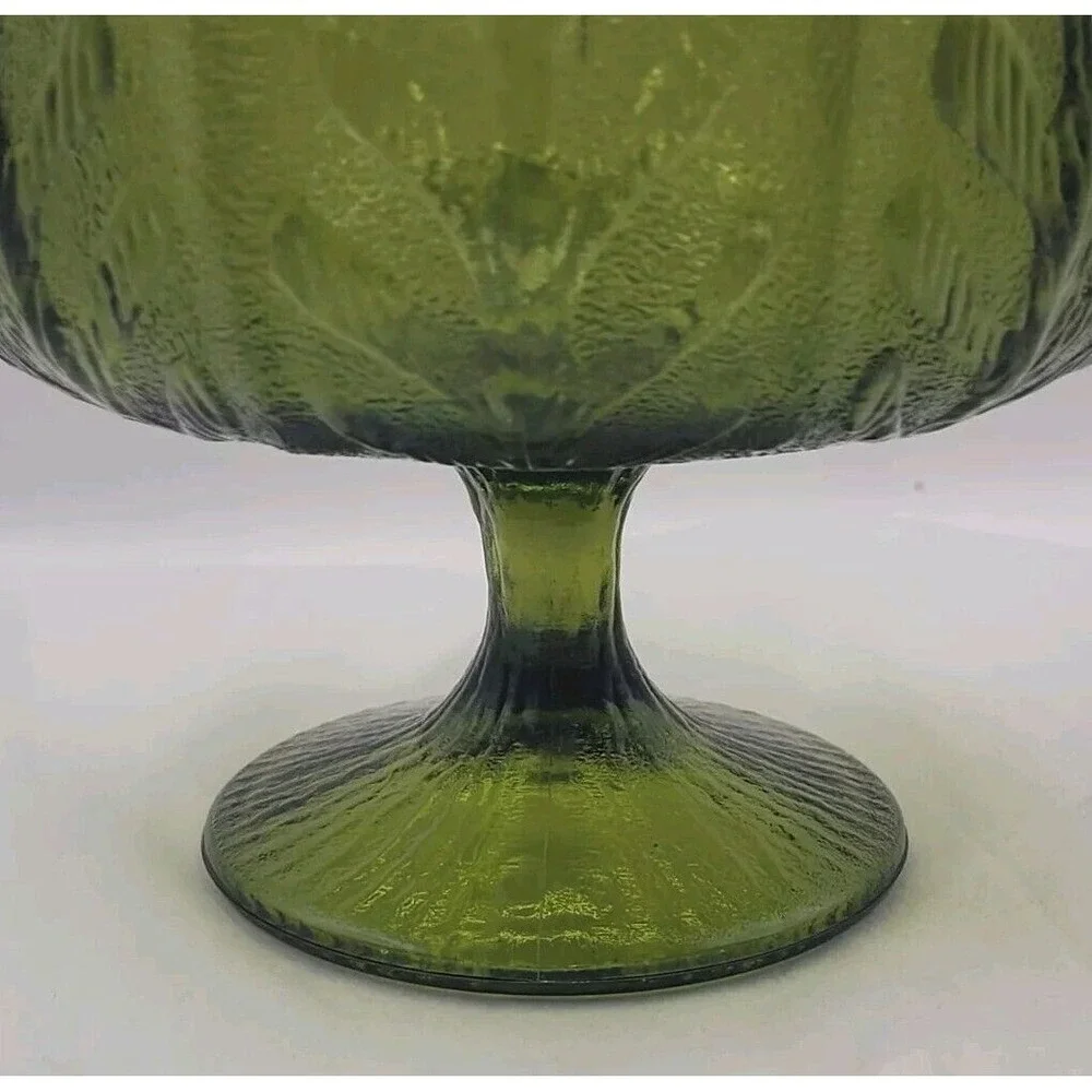 Vintage FTD Avacado Green Glass Footed Dish Oak‎ Leaf Pattern